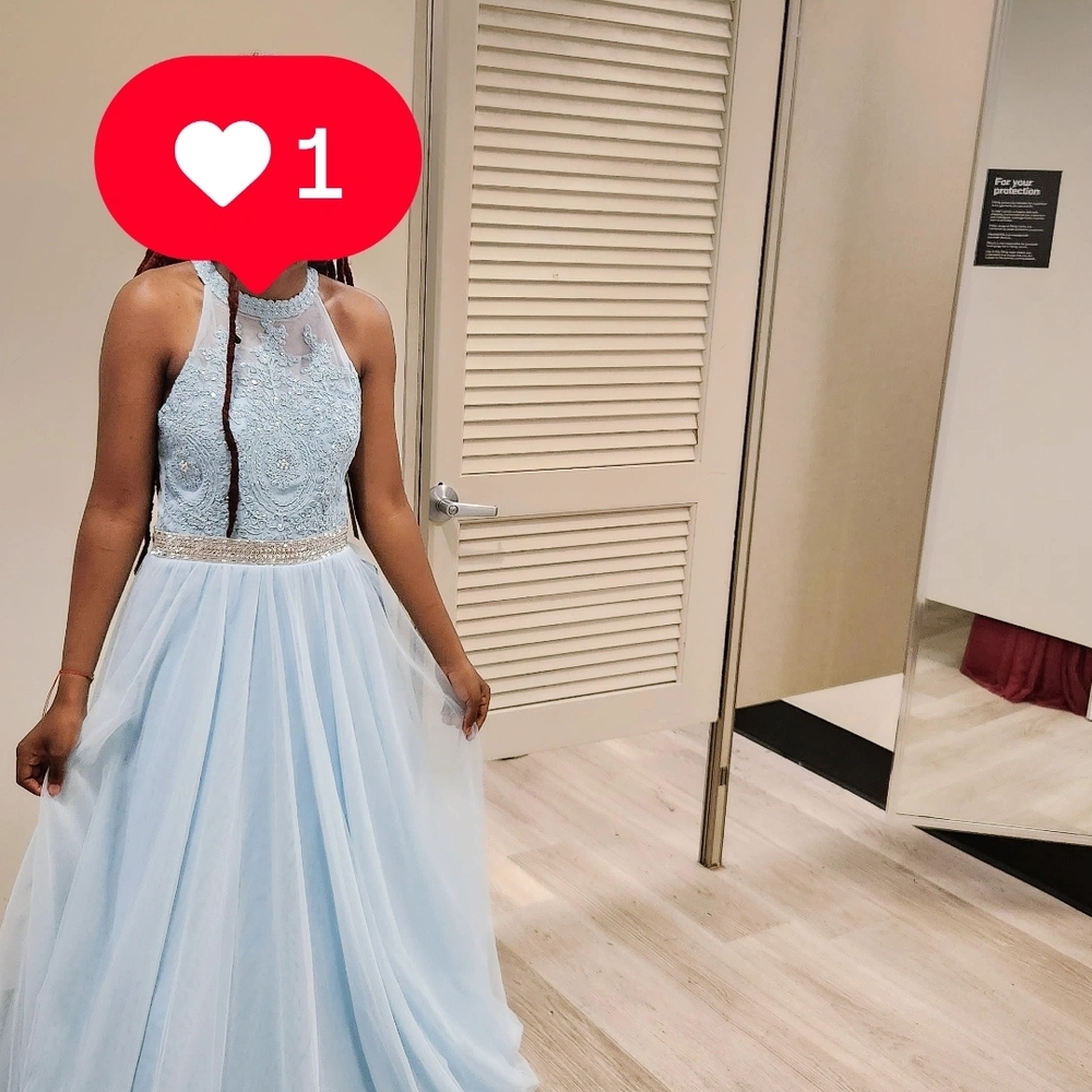 Light Blue Halter Prom Gown with Beaded Waist